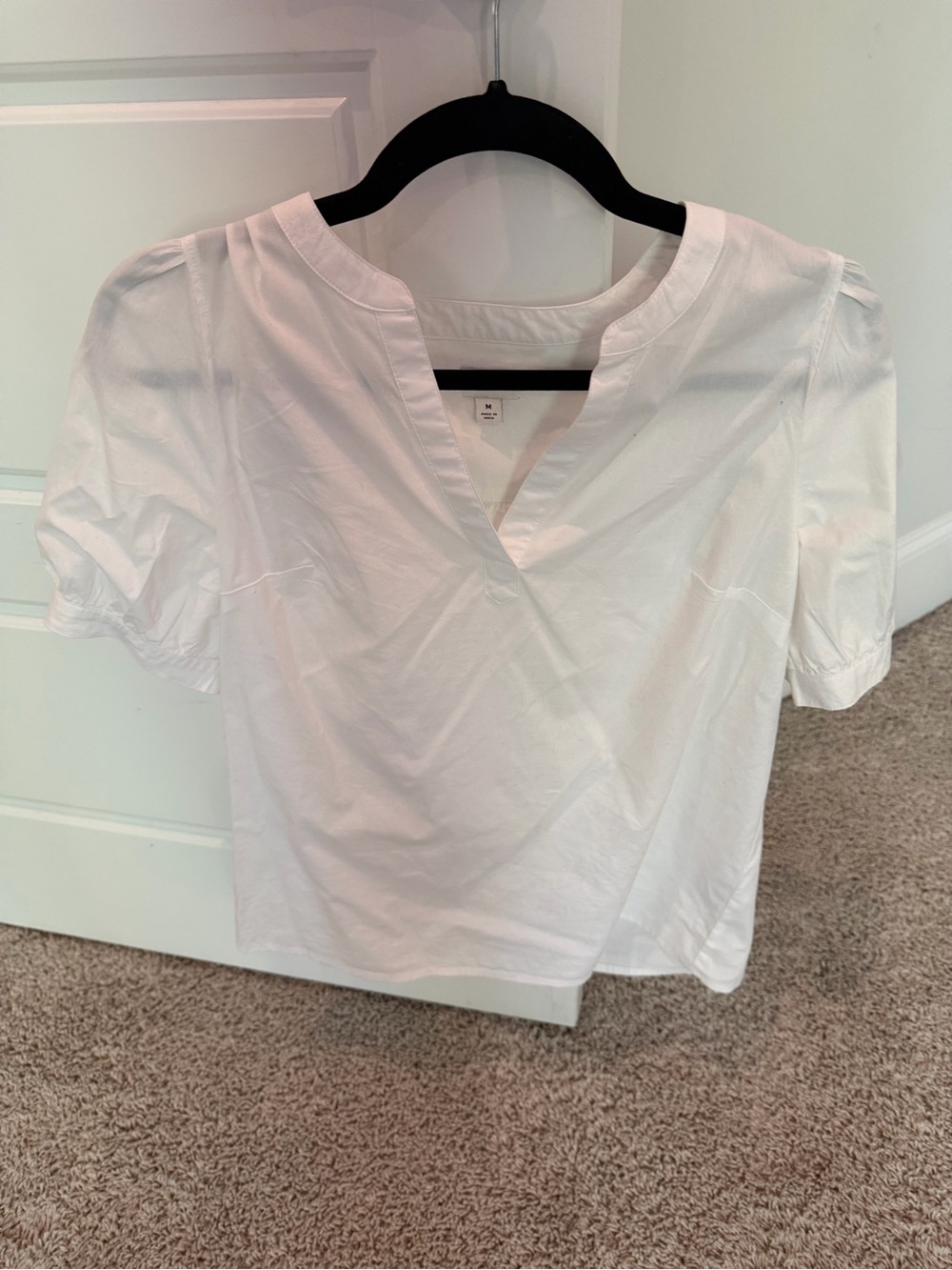 J.Crew White Puff Sleeve Split Neck Blouse Size M